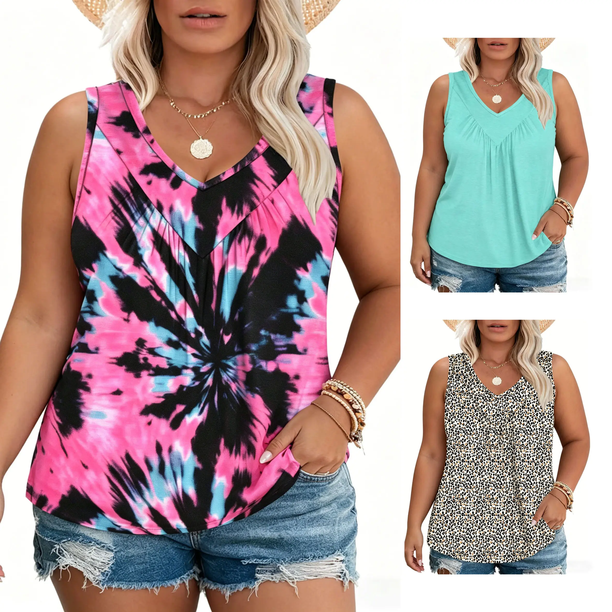 Women’s Plus Size Tank Tops Printed Casual V-Neck Sleeveless T-Shirts Tie Dye Flowy Pleated Tunic Blouses Leopard Summer Womenwear XL–5XL VPS0194 big arm friendly