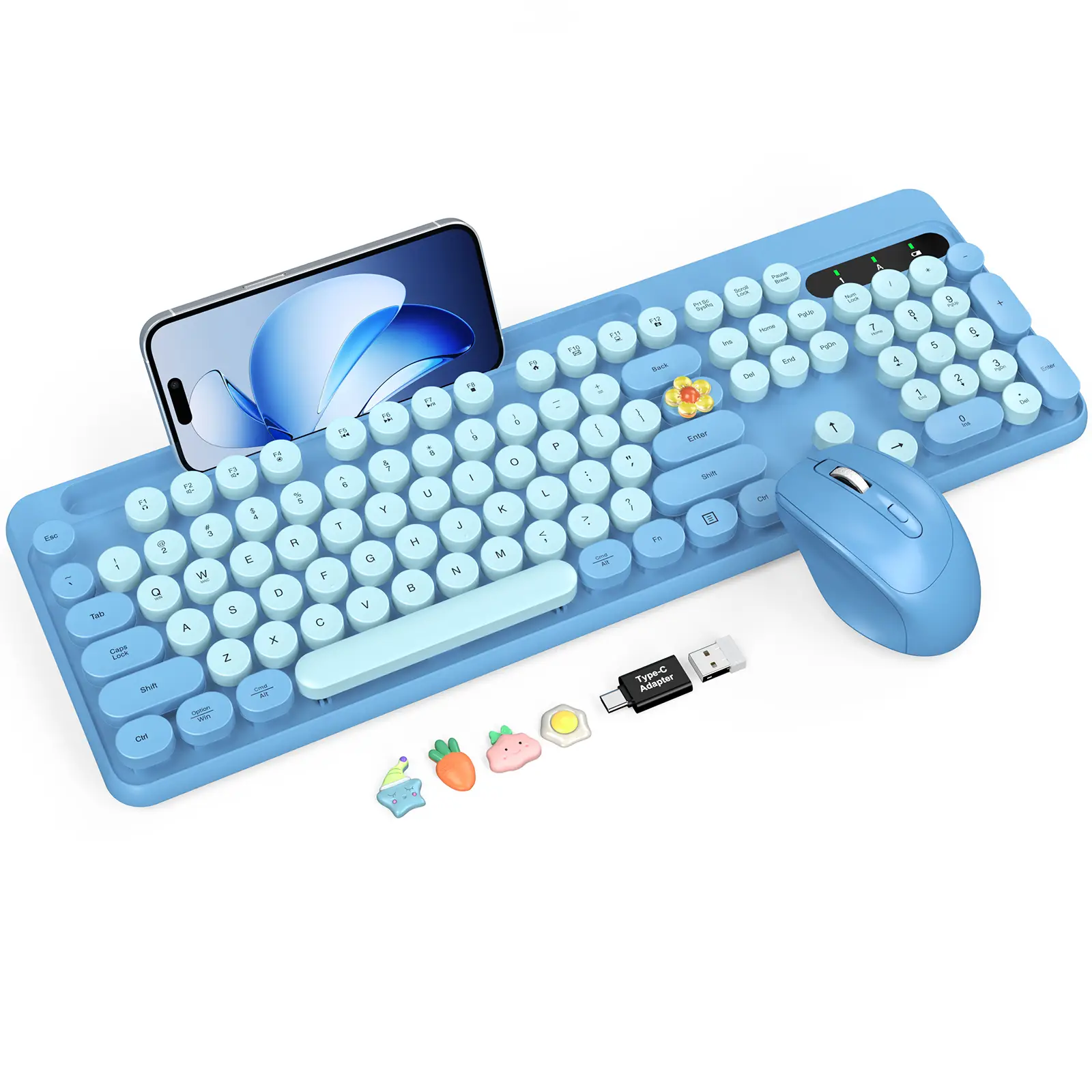 SABLUTE KC281 Wireless Keyboard and Mouse Combo(Not Bluetooth), Retro Round Keycap Typewriter Keyboard with Phone/Tablet Holder, Cute Colorful