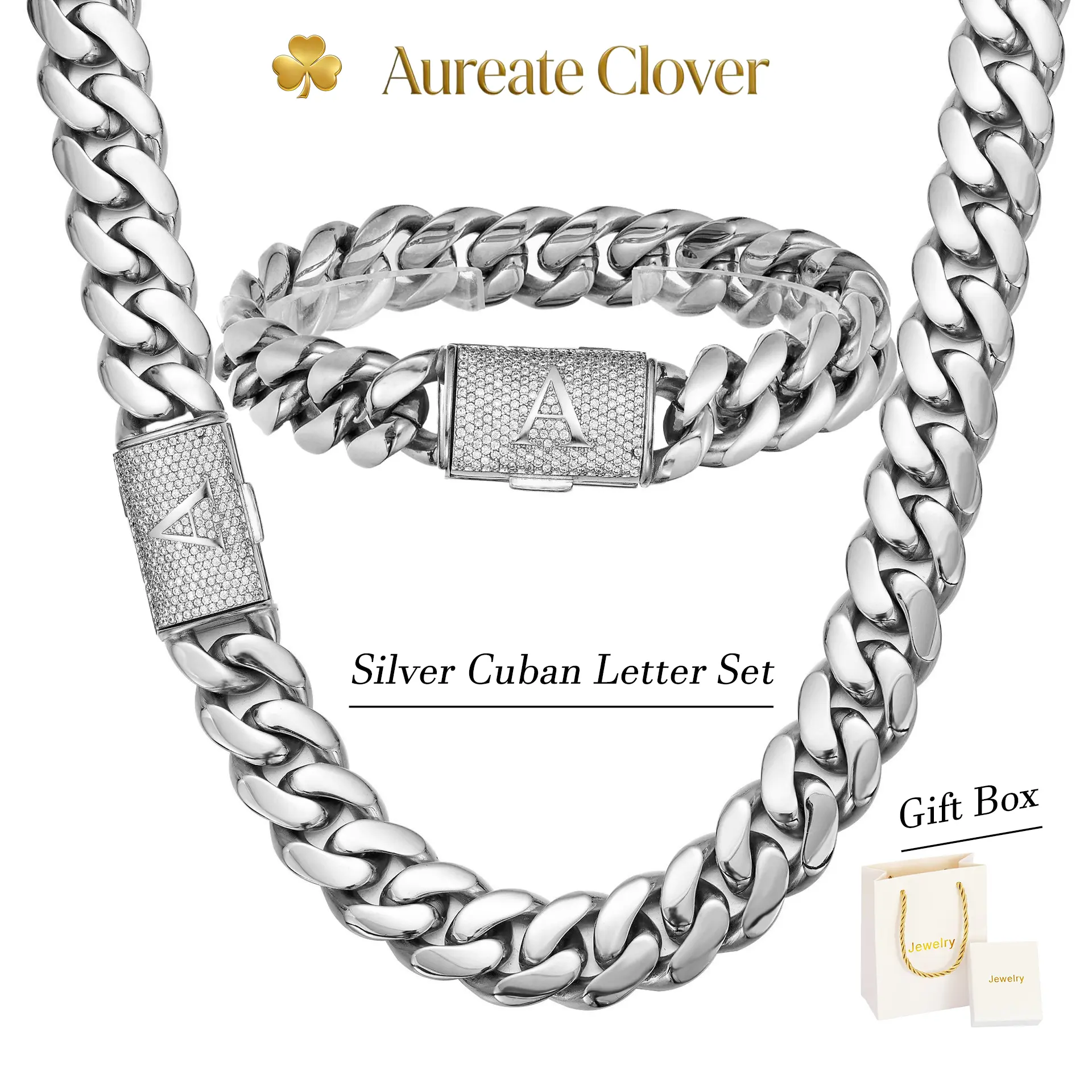 14mm Iced-Out Stainless Steel Cuban Chain Set - Men’s Initial Necklace Set, Miami Cuban Link Bracelet, Custom Letter Clasp, AAA Zirconia, Stylish Christmas Gift, Diamond Alternative