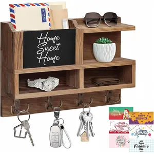 Key Holder Wall Mount, Wooden Mail and Key Organizer with Chalkboard and Mirror, 3 Greeting Cards, 8 Hooks, Brown, Type 2