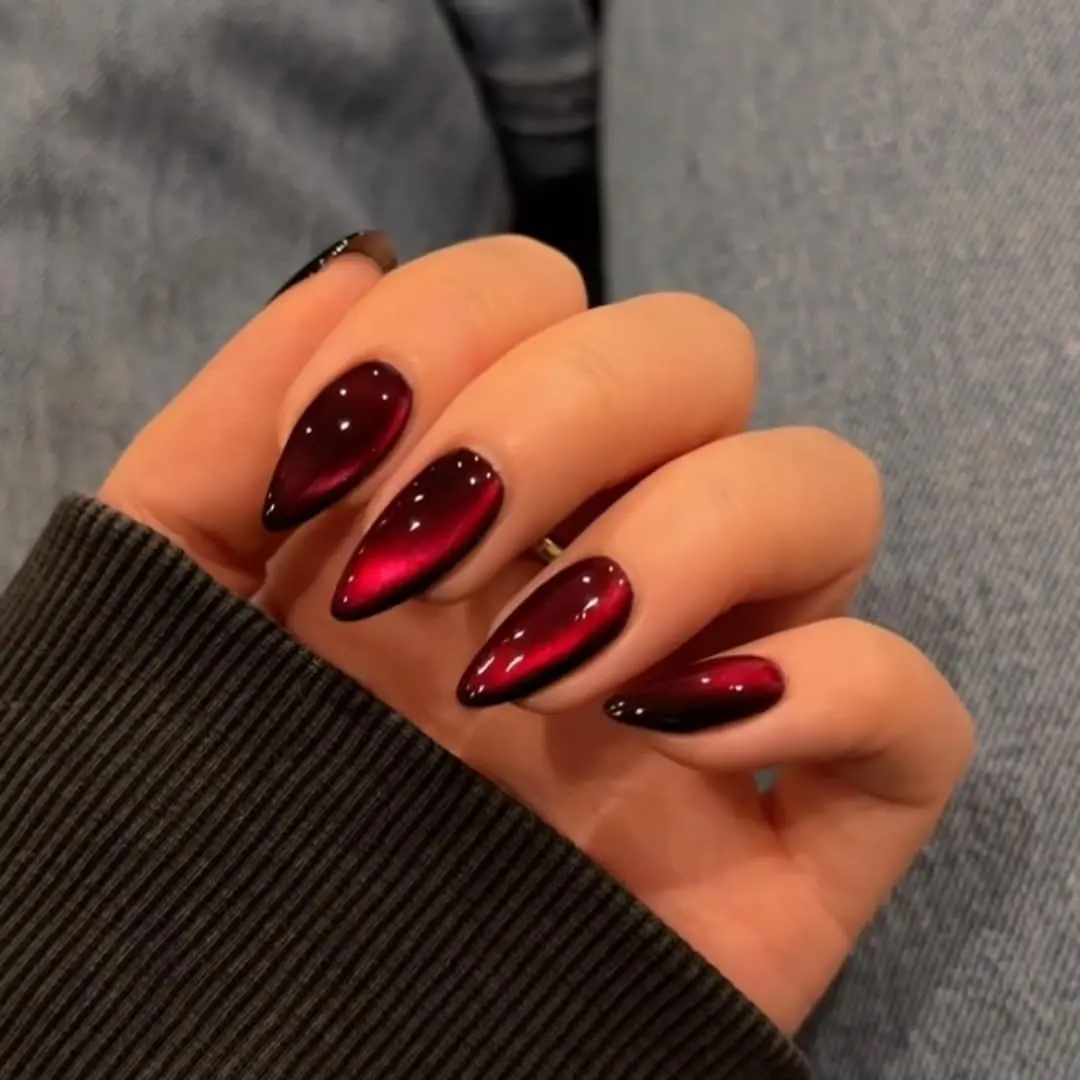 Women's Dark Red Cat Eye Press-on Nails - Burgundy Glitter Almond Medium Bling Glue-on Nails with Design, 24 Pcs for Party, Birthday