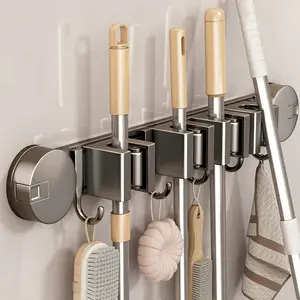 Wall Mounted Organizer Mop and Broom Storage Tool Rack Toilet Suction Cup Mop Wall Clamp Bathroom Non Punching Artifact Fixed Hook Buckle Broom Storage Rack Adjustable Hooks
