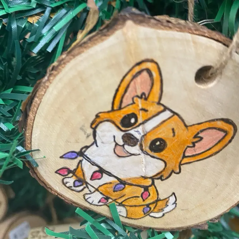 3-Inch Wood-Burned Corgi Christmas Ornament Cute Holiday Corgi with Colorful Lights Handcrafted Wood Decor