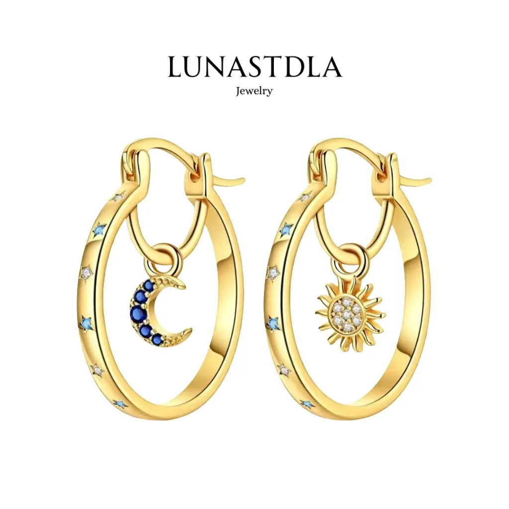 LunaStdla Celestial Sun Moon Hoop Earrings for Women, Cubic Zirconia Star Dangle Earrings, Gold Silver Tone Trendy Jewelry Gift