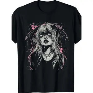 Gothic Demon Girl Graphic T-Shirt - Black Anime Horror Bunny Design, Cotton Crew Neck Tee For Men, Casual Loose Fit, Machine Washable, All-Season Wear, Casual Wear Tee |   Edgy Fashion Shirt |   Stretchy Fabric Tee