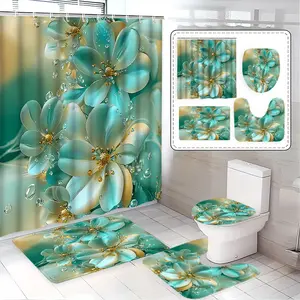 Elegant Blue Flower Shower Curtain Set, Includes Bath Mat, Toilet Lid Cover & U-Shaped Tray, Perfect Bathroom Decor Gift