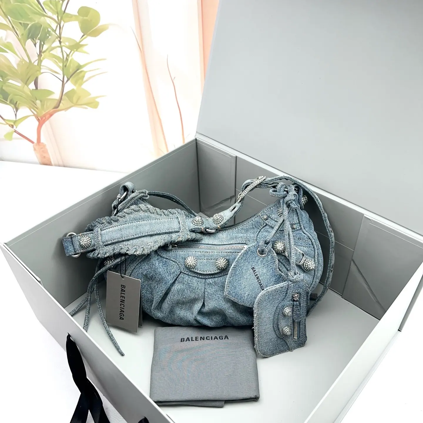 Pre-owned Balenciaga Denim Le Cagole Shoulder Hobo Bag 0809 raye 21707149