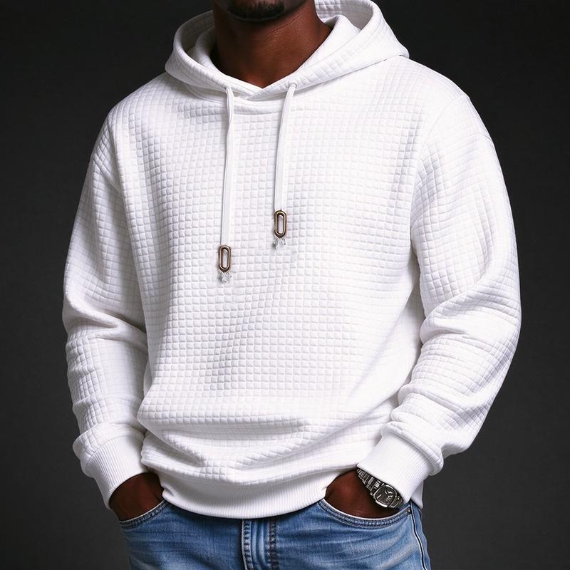 Advanced waffle texture men's hooded sweatshirt, made of soft and breathable fabric, classic hooded pullover, perfect for casual and street style