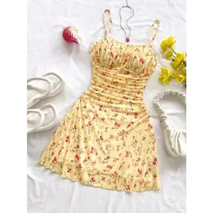 LAMIKA Blue White Floral Mesh Collar Tie Vacation Sundress Pastel Coquette Aesthetic