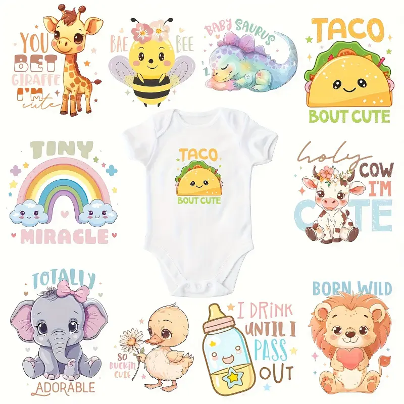 10 Pack Cute Cartoon Animal Food Iron On Patches Elephant Bee Duck Giraffe Cow DIY Tshirt Jeans Bags Hats Pillows Clothes Personalized Gifts Optimistic Design Easy to Apply Custom Patches