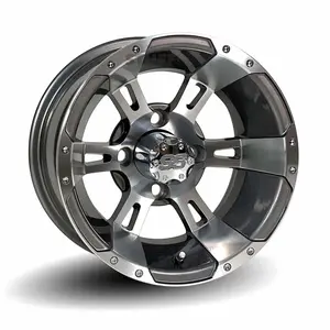 12" Stallion Gunmetal & Machined Aluminum Golf Cart Wheels - 12"x7" ET-25 Offset