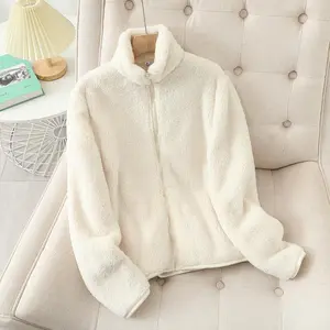 Women’s fleece coat, warm thickened jacket for winter, double-sided wear, coral fleece coats, polar fleece jackets, everyday wear, long sleeves, casual minimalist style, basic khaki women’s long-sleeve open-front blazer