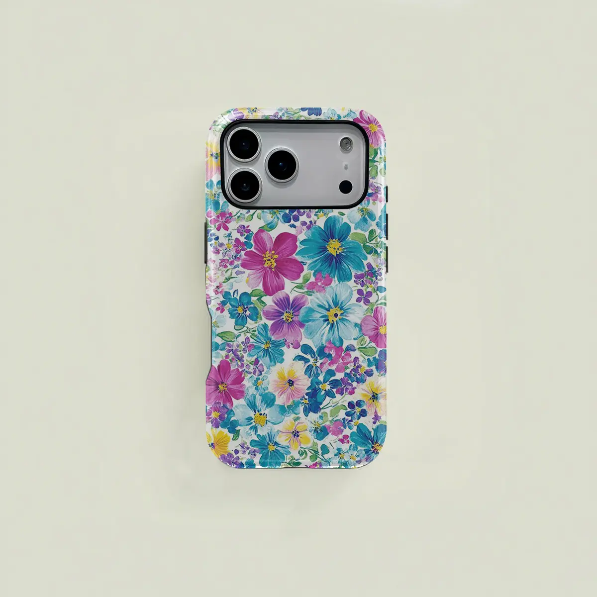 This light blue, pink, and yellow watercolor-style floral protective case features a fresh and vibrant floral pattern. It's a durable 2-in-1 case compatible with iPhone 17/16/15/14/13/12/11 Pro Max/Plus/Pro and Samsung Galaxy S25/S24/S23 Ultra series.