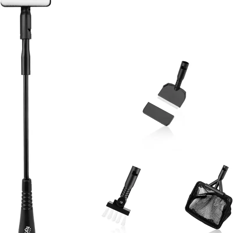 hygger Portable 3.9-inch Small Tanks Cleaning Tools Kit with Carbon Fiber Handle - Saltwater Ready Algae Scraper, Tiny Shrimp Fishing Net, Sponge Brush, Wall Brush, Universal Stain & Uneaten Food Lifter, Adjustable Angle Design