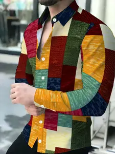 Men's long-sleeve Casual shirt with a colorful patchwork design Novel pattern