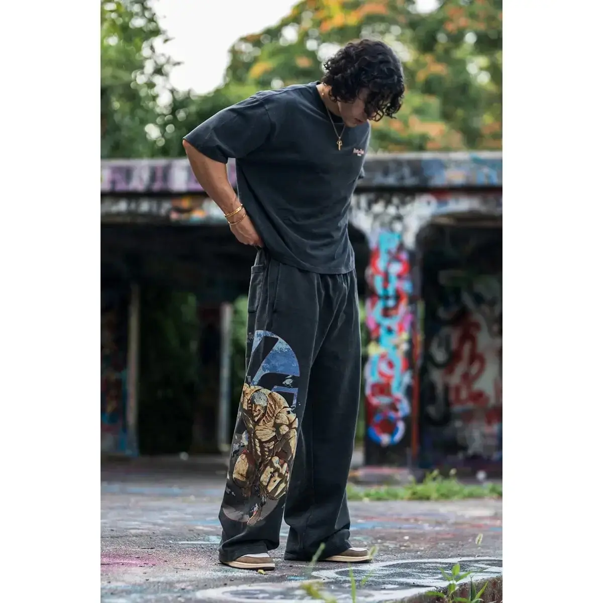 Men's Black Anime Dragon Graphic Sweatpants Loose Fit Streetwear Baggy Joggers Y2K Pants