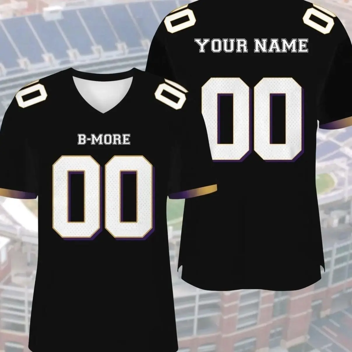Personalized B-More Football Jersey, Custom Name Number Shirt, Black Purple Gold Game Day Outfit CAX 2FS