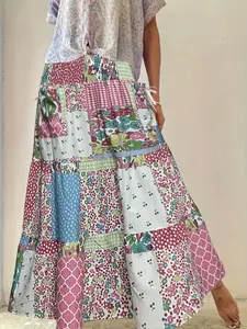 Plus Size Colorblock Floral Print Pocket Skirt, Casual Waist Tie Long Half Skirt, Comfortable and Stylish Women's Fashion