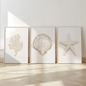 Coastal Seashell Printable Wall Art Set of 3 Neutral Beach Decor Digital Ocean Art Starfish Coral Nautical Prints for Bathroom Living Room - No Frame