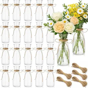 20 Pcs Bud Vases Bulk with Twines Ropes, 6.5 Inch Small Ribbed Flower Vases for Centerpieces, Mini Clear Shatterproof Bud Vase, Cute Decorative for Wedding Reception Home Décor