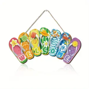 Vibrant Hawaiian Sandal Welcome Sign, Handmade Wooden Decoration with Tropical Design and Floral Accents, Rope Hanging Ornament for Beach Parties, Home Decor
