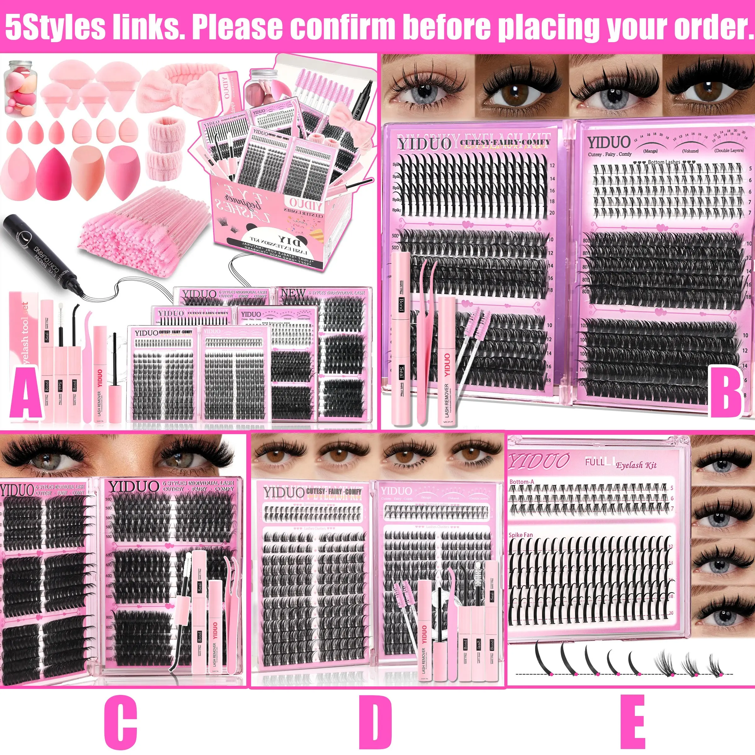 14 Style Mix Puff Lash Clusters Extensions Set, 40D 60D 80D Natural Full Set with Spiky Bottom DIY Cluster False Eyelashes Kit, Fluffy Cluster Lashes, Volumized False Eyelashes, Soft & Lightweight, With Glue, 4-Tip Eyebrow Pen & Powder Puff set