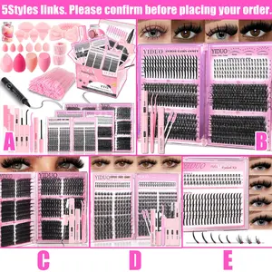 14 Style Mix Lash Cluster Extensions Set |  40D 60D 80D Natural Full Set + 100D Extra Volume Manga with Spiky Bottom DIY Eyelashes Kit | Soft & Lightweight | With Glue, 4-Tip Eyebrow Pen & Powder Puff set |  Long-Lasting Effect