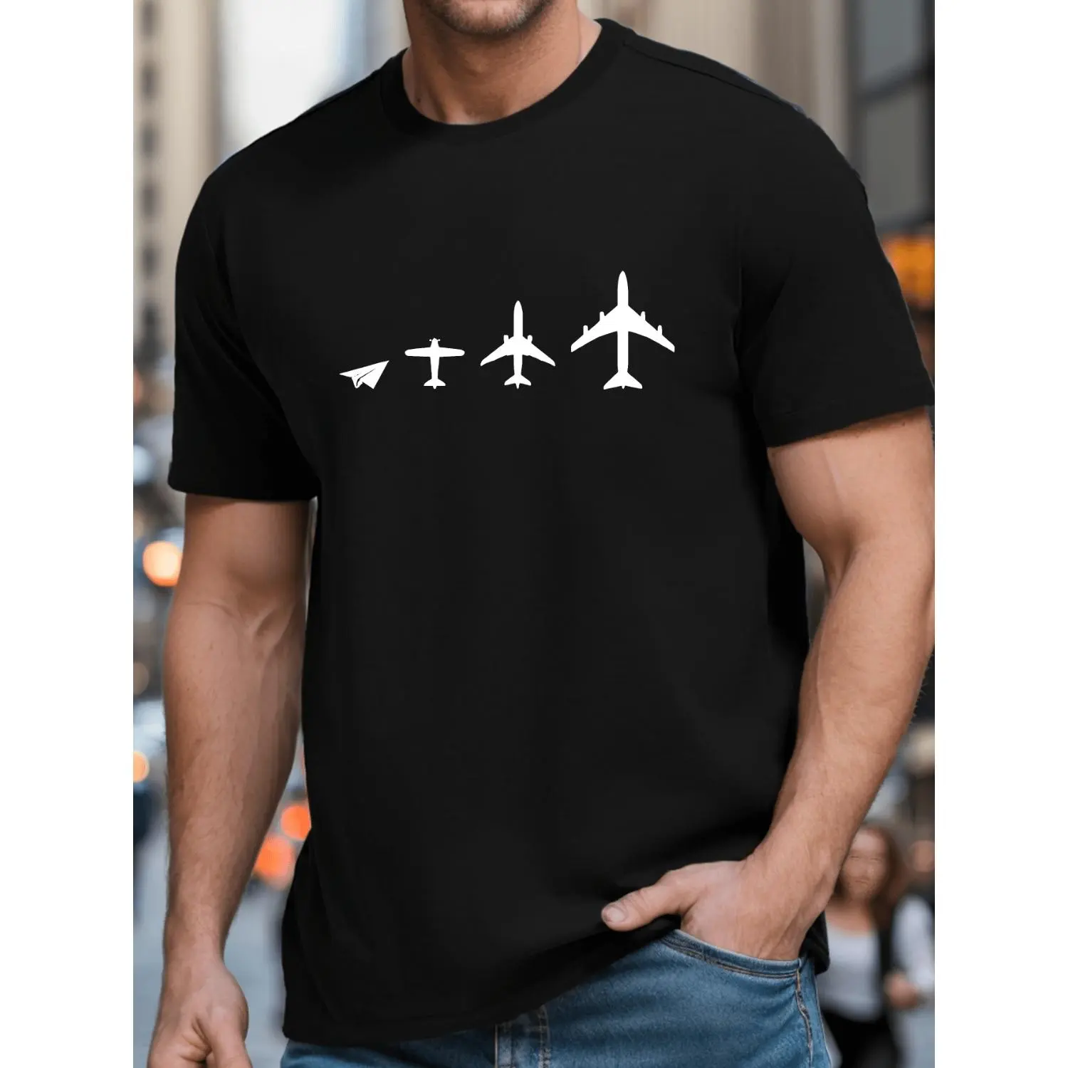 Men's History Of Airplane Evolution Print T-shirt - Stylish Crew Neck, Short Sleeve, Summer Sportswear - Comfortable, Lightweight & Versatile For Casual Days