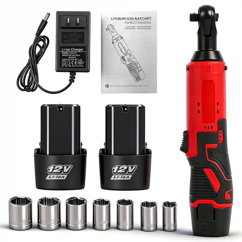 Electric Right Angle Wrench Set 45NM 3/8'' Ratchet Cordless Power Tool with 12V Li-Ion Batteries 17mm-10mm Sockets for Car Repair Includes Charger & Instruction Book High Torque Tool Kit, Wireless Power Tools
