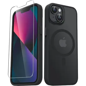 Case For iPhone 14,iPhone 13 With 1 Screen Protector, Matte Magnetic Slim Phone Cover, Support for Magsafe, Shockproof Protection Translucent Frosted Back,Black