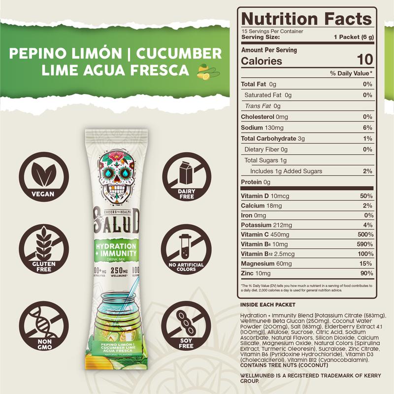 Salud 2-in-1 Hydration Packets + Immunity Electrolytes Powder, Cucumber Lime - Agua Fresca Drink Mix, Elderberry, Dairy & Soy Free, Non-GMO, Gluten Free, Vegan, Low Calorie, 1g Sugar (15 Servings)