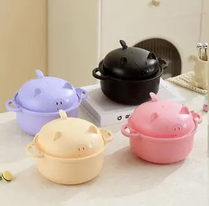 Small portable clay pot bowl set with lids and spoons; microwaveable plastic ramen bowl set with lids and spoons, double-handle striped soup bowl; single-person portable instant noodle bowl, lightweight and break-resistant salad and fruit bowl(black)