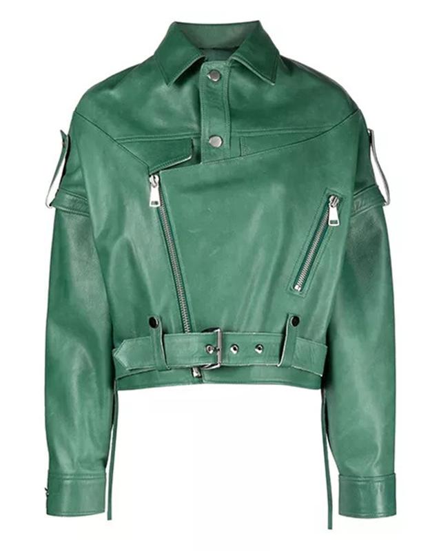 Womens Green Leather Biker Jacket