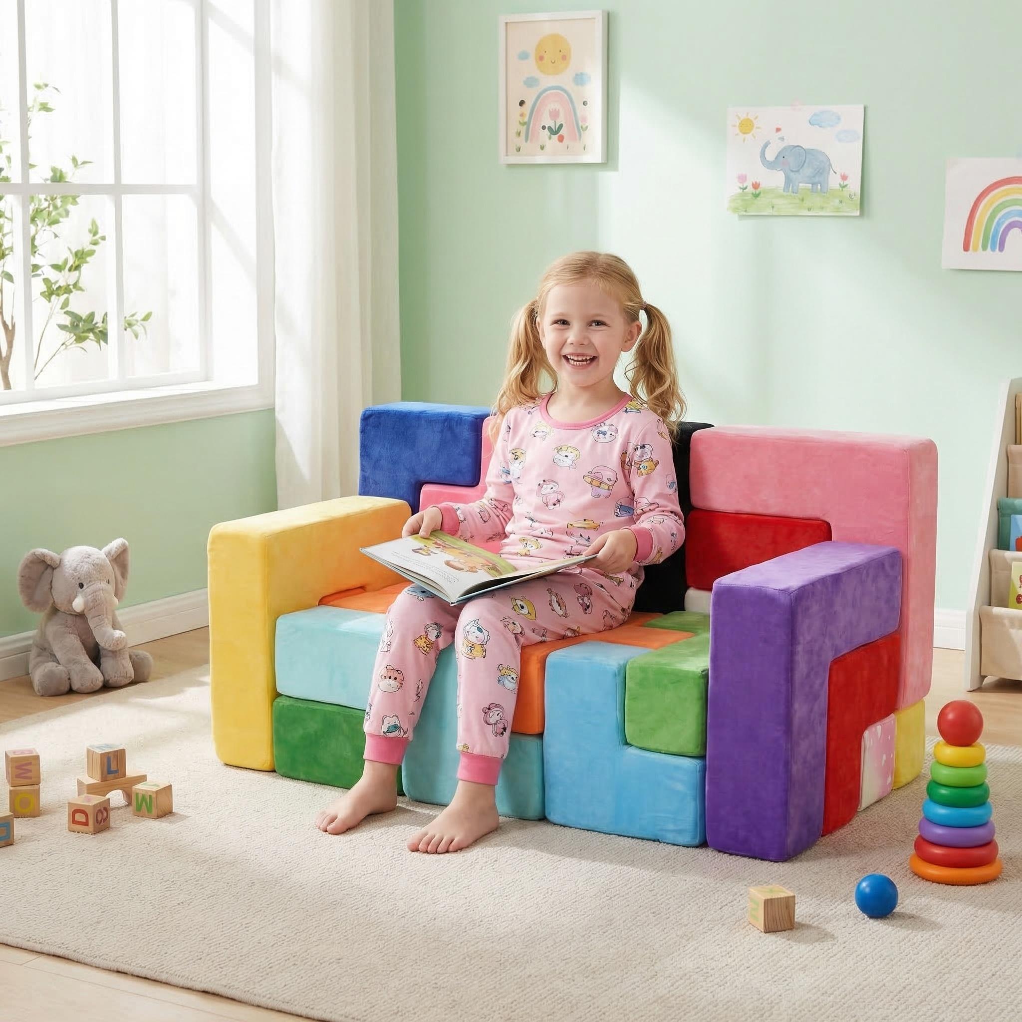 Modular Play Couch, Convertible Kids Sofa to Toddler Lounge Bed, Block Splicing Foam Furniture for 3+ Years Old, Comfy Children Couch for Christmas & Birthday Gifts