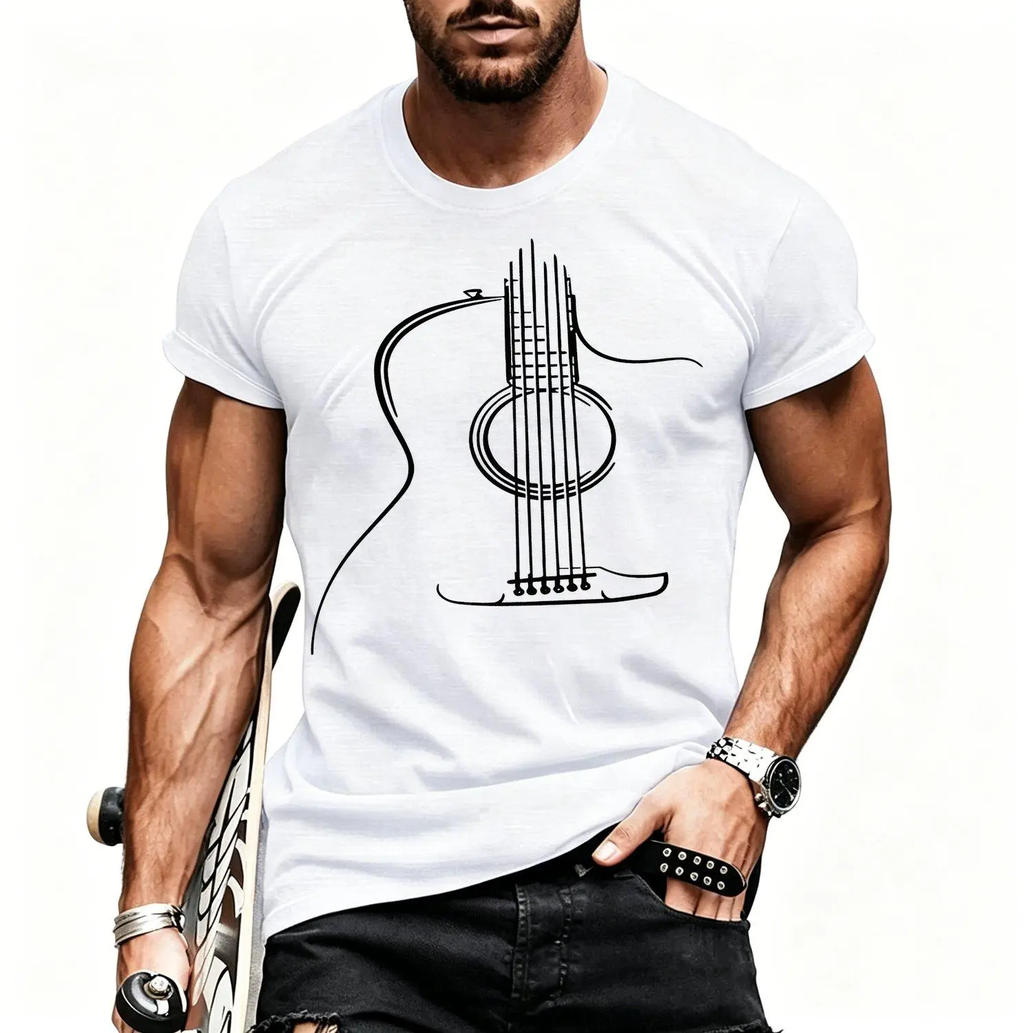 Guitar Line Art Short Sleeve T Shirt with White Musical Notes and Guitar Chord Design Breathable Moisture Wicking Men Short Sleeve Tee Perfect for Musicians Casual Wear Concerts and Activities All Season Crew Neck Top