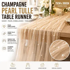 Champagne Pearl Tulle Fabric: Elegant Table Runner & Wall Backdrop for Wedding Decor, Bridal Shower, Tablescapes & Aesthetic Home Party