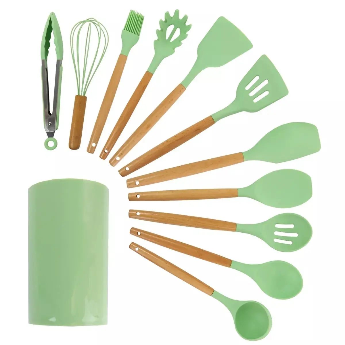 Megachef MGSP-540 Silicone & Wood Cooking Utensils, Mint Green - Set of 12