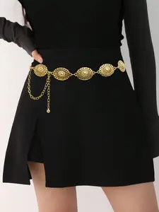 Western Bohemian Concho Waist Chain Belt for Women - Vintage Cowgirl Jewelry Metal Link Body Chain - Adjustable Buckleless Belt 115cm Gold & Silver Dress Accessory