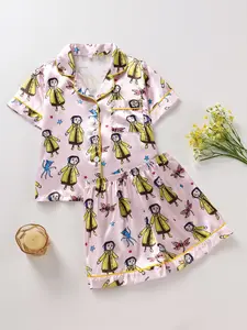 Girls' Sleepwear Set Coat Print Button-Down Short Sleeve Top Elastic Shorts Satin Fabric Comfortable All Seasons Cartoon Print Pajama