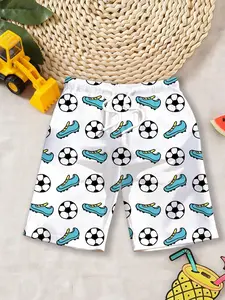 Boys' Beach Shorts "Soccer Kid Sports Style" with white background, football + sneakers prints, and drawstring elastic waist design, full of energy and eye-catching, instantly creating a summer pool / seaside water-play atmosphere! Swimwear Shorts