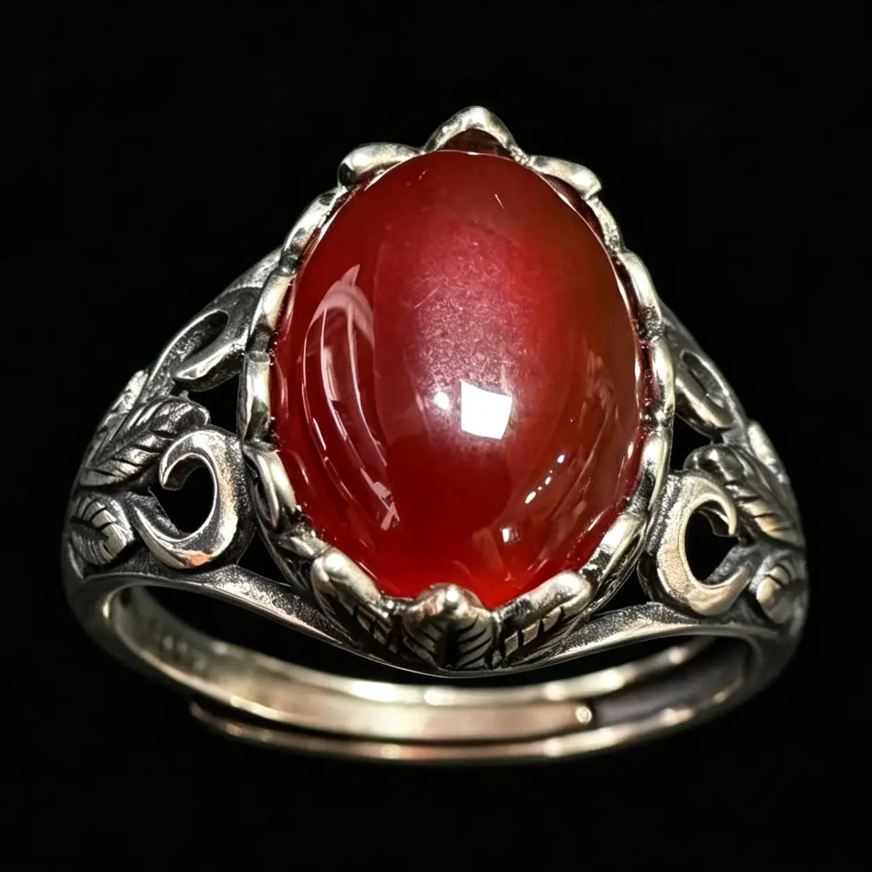 Boho Vintage Leaf Scroll Filigree 925 Sterling Silver Natural Carnelian Adjustable Crystal Ring, Casual Wear