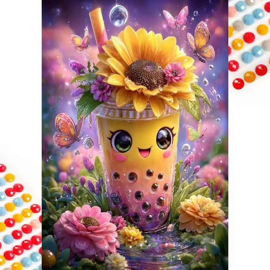 5D DIY Full Drill Diamond Painting - Diamond Painting Kit Diamond Pattern Design Milk Tea Sunflower Daisy Mosaic Canvas DIY Wall Art, Home Wall Decor, Suitable for Halloween, Christmas, Birthday and Anniversary Gifts, DIY Craft Supplies