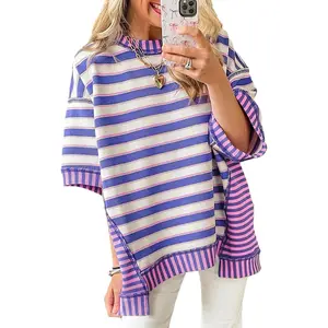Imily Bela Womens Oversized Striped Shirt Summer Half Sleeve Tops Crew Neck Sweatshirts Casual Blouses