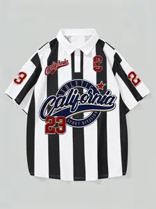 American Retro Sporty Striped Polo Shirt, Athletic Sports Clothing, Stripe, California Theme, Number 23 Element, Street Style, Casual Wear