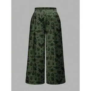 Goth Plus Size Gothic Style Dark Moth, Spider, Crow, Bat Green Print Loose Wide Leg Pants, Halloween Womenswear Bottom