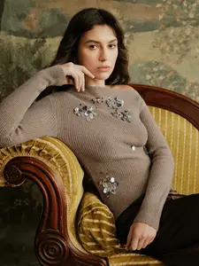 Fashionable Asymmetrical Shoulder Sexy Women's Long Sleeve Knit Sweater, Handmade Sequins Irregular Hem Comfortable T-Shirt Knitwear