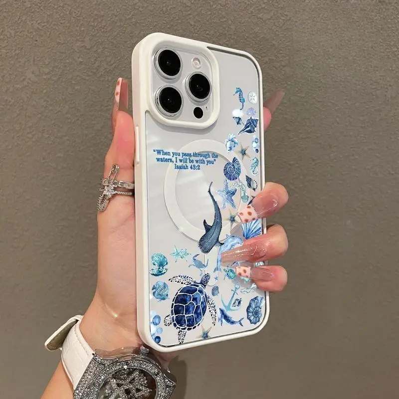 Aesthetic Smartphone Magnetic Case Cover, Ultra-Thin & Shockproof with Blue Whale Shark Scripture, Suitable for iPhone 11/12/13/14/15/16/17 Pro Max, Trendy Women’s Mobile Phone Accessories
