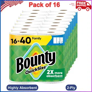 Bounty Paper Towels Quick Size, White, 16 Family Rolls = 40 Regular Rolls 2-Ply