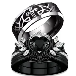Lvrong Couple Rings Punk Skull Rings Black Plated Couple Rings Cross Wings 1.5CT Heart Black CZ Wedding Ring Sets