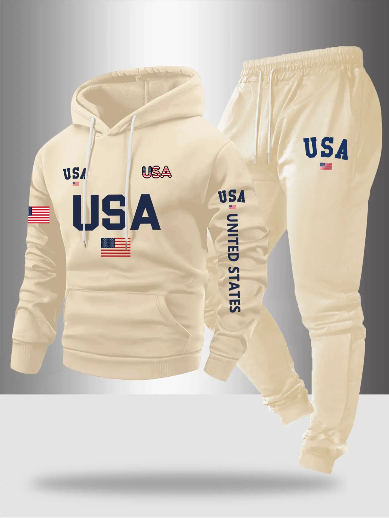 Men's Fall Winter Fleece Sweatshirt Set, Letter Flag Print Hoodie + Drawstring Casual Sport Pants, 2 Piece Set, Long Sleeve, Regular Fit, Printed Sports Suit